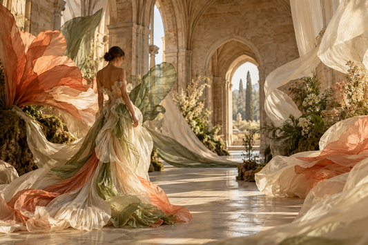 Original editorial image of sculptural botanical fashion forms in a sunlit stone hall