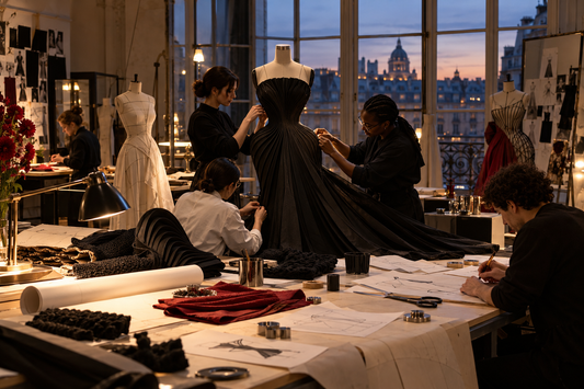 Anonymous Paris atelier team constructs a sculptural black gown during a creative transition