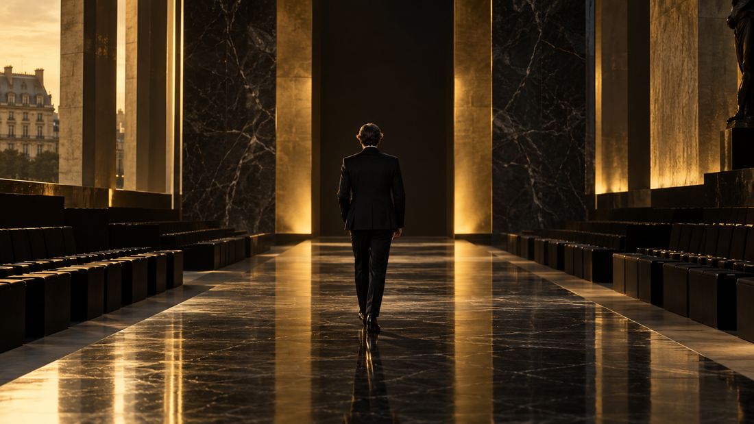 Original editorial image of an anonymous designer leaving a black-and-gold Paris runway