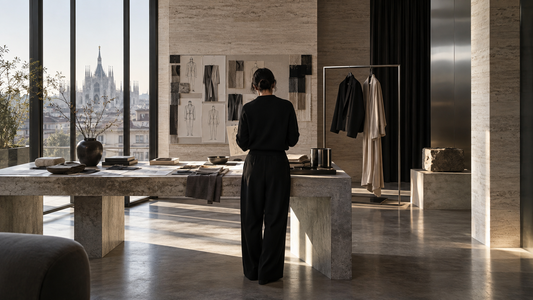 Conceptual Milan fashion design studio illustrating a creative transition; not an Armani event or portrait