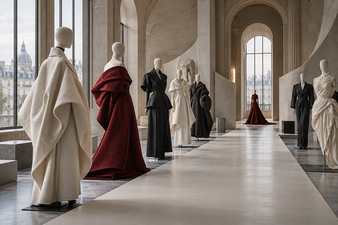 Original Paris atelier concept with sculptural coats, draped dresses and modern tailoring