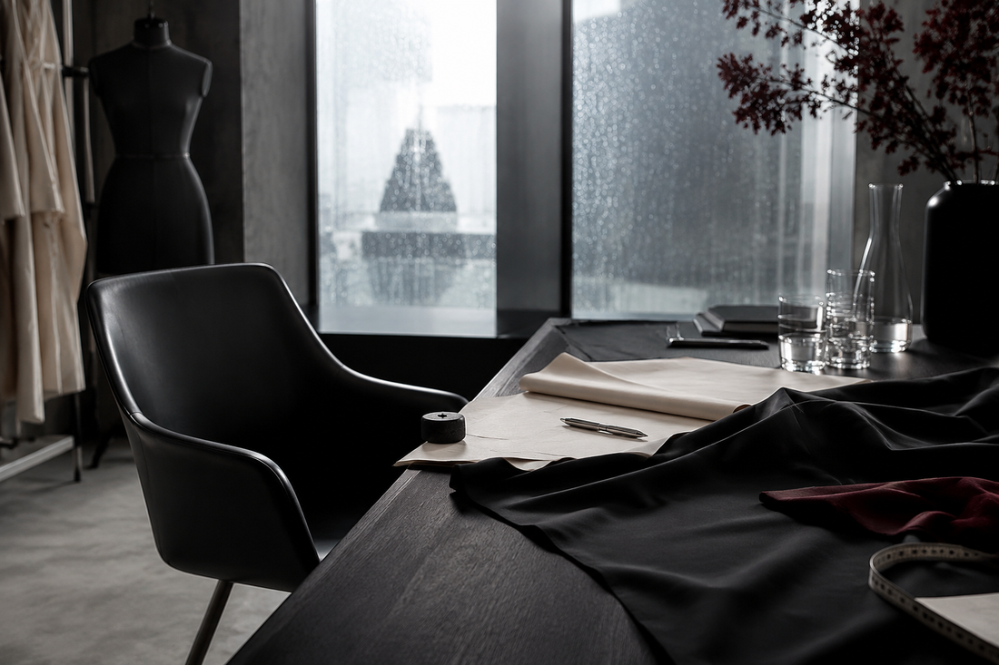 Original editorial still life of an empty boardroom chair and fashion atelier representing a British fashion leadership transition