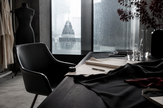 Original editorial still life of an empty boardroom chair and fashion atelier representing a British fashion leadership transition