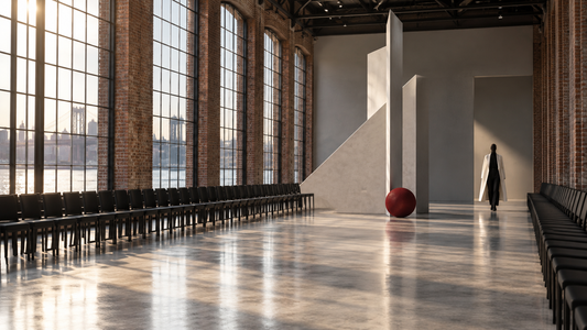 Original editorial image of a minimalist runway inside a New York industrial warehouse
