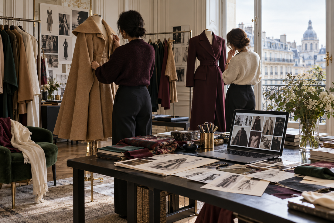 Two anonymous fashion enthusiasts compare archival and contemporary tailoring in a Paris studio