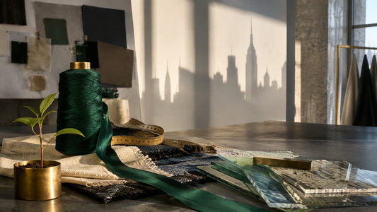 Emerald thread, recycled textile swatches and a seedling in a New York fashion studio