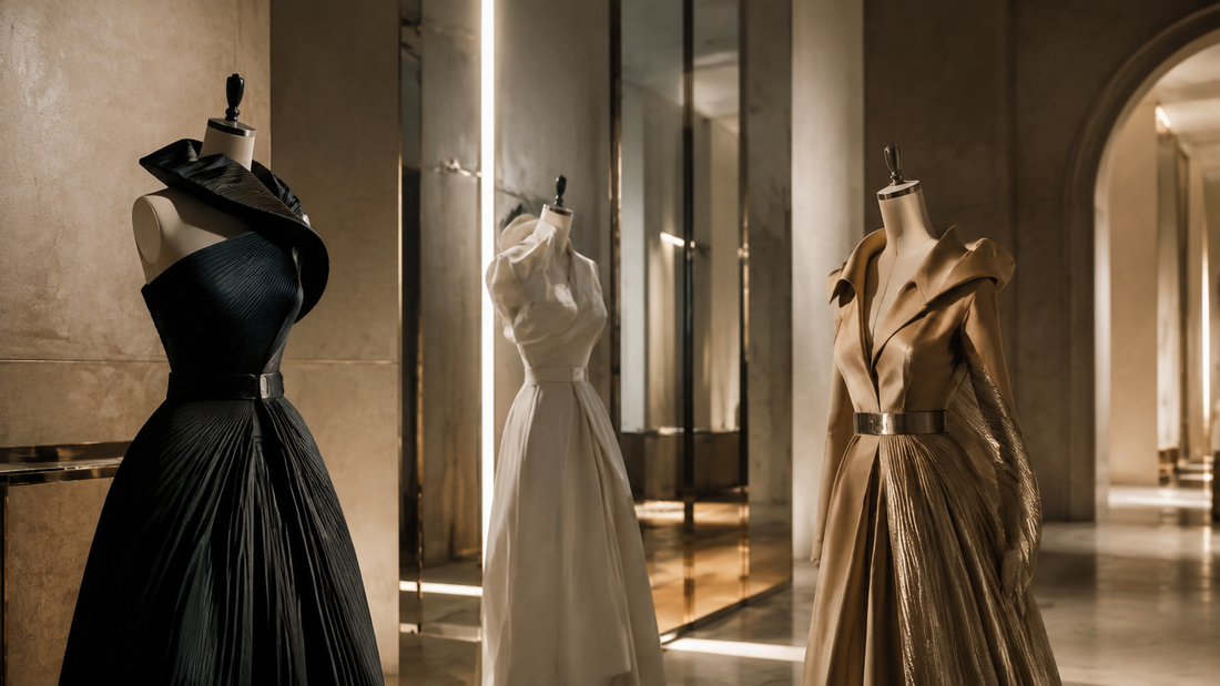 Original editorial image of three sculptural gowns in an elegant Paris couture salon