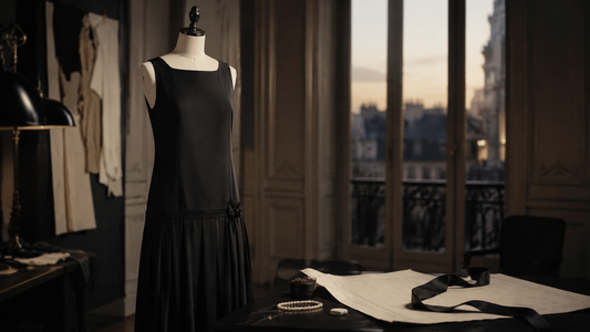 Original black drop-waist dress on a form in a Paris-inspired couture atelier