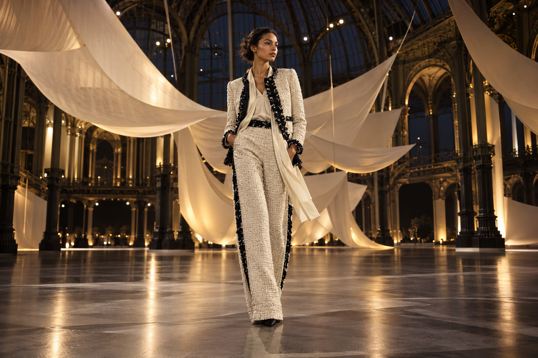 Anonymous model in original black-and-ivory tailoring inside a monumental Paris exhibition hall