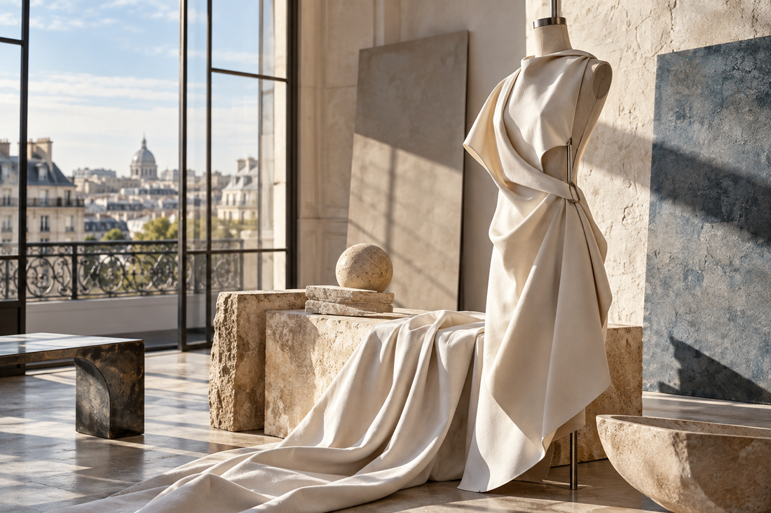 Original editorial still life of sculptural draping and tailoring in a sunlit Paris studio