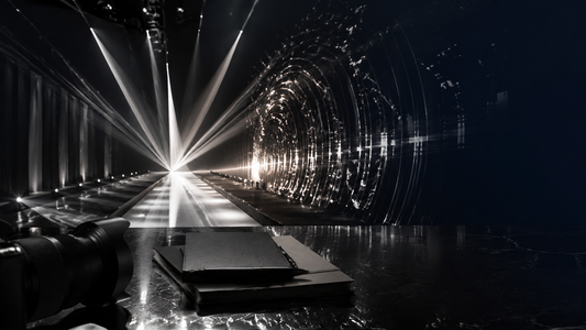 Abstract illuminated Paris runway with press camera and waves of media attention