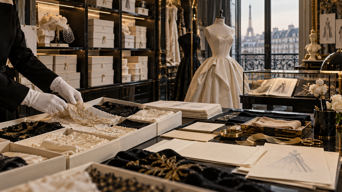 Original couture archive concept with fabric swatches and anonymous dress forms in Paris