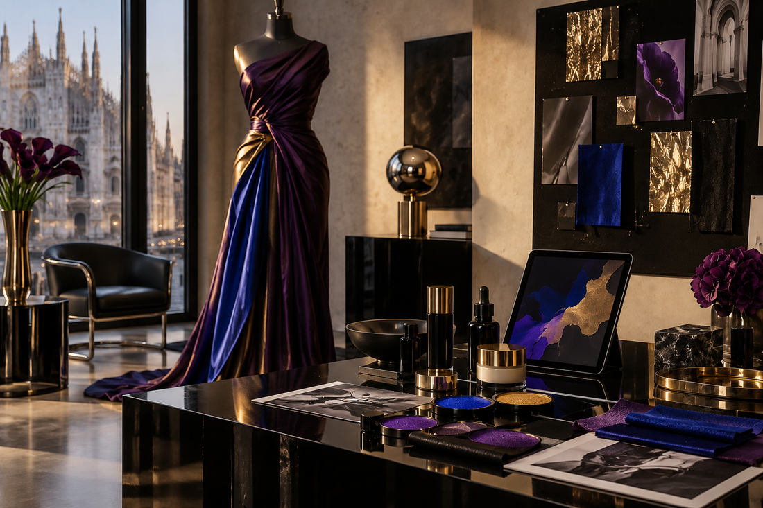 Conceptual Milan fashion and beauty studio illustrating a digital-first venture; no brands or people depicted