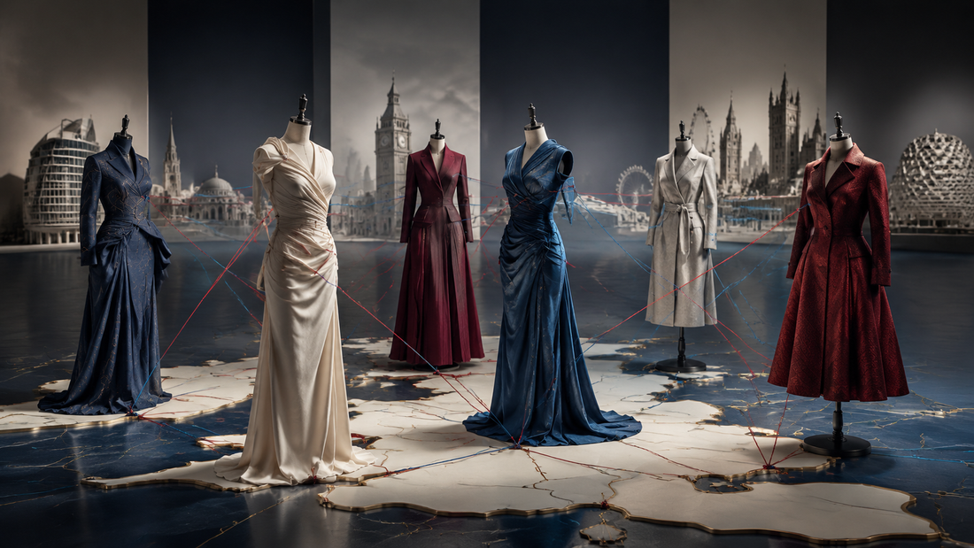 Six fashion dress forms connected across a stylized map of Britain