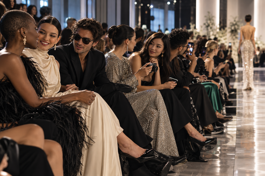 Original editorial image of fictional fashion guests and creators seated along a runway