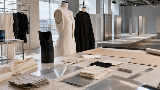Minimal fashion studio with natural fiber swatches and unbranded garments representing SS27 material standards