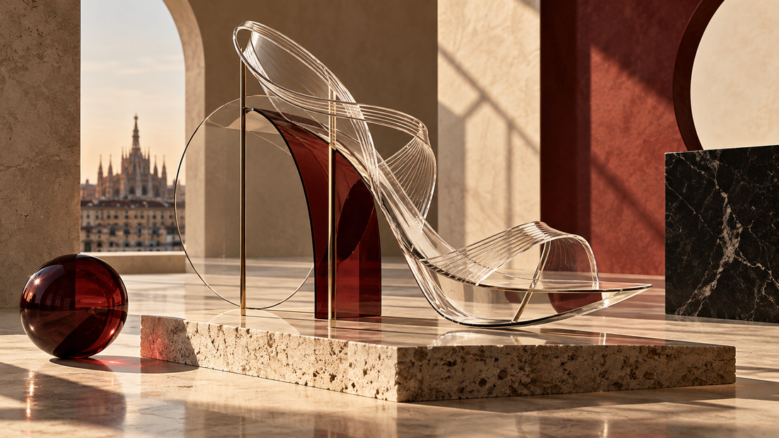 Abstract transparent footwear sculpture in warm sand and oxblood tones
