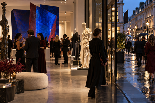 Original editorial image of fictional guests at a London fashion and contemporary art event