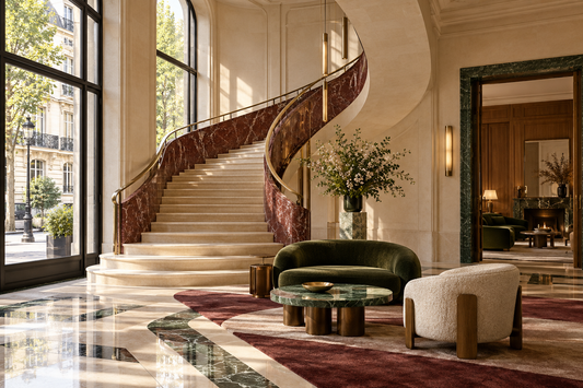 Unbranded luxury Paris boutique interior with a sweeping marble staircase and Italian-inspired furnishings