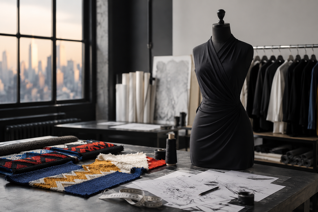 Original New York atelier still life with a black draped dress form and colorful knit swatches
