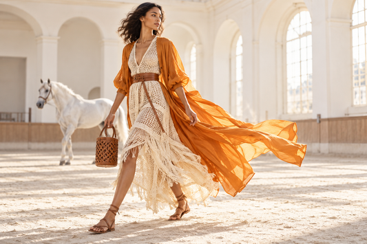 Anonymous model in airy open-knit layers crossing a bright equestrian-inspired studio