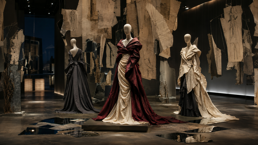 Original editorial graphic of three sculptural gowns in a museum gallery with suspended fashion sketches