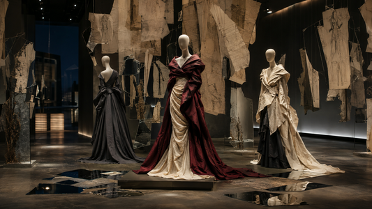 Original editorial graphic of three sculptural gowns in a museum gallery with suspended fashion sketches
