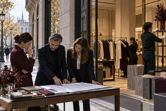 Luxury retail planners reviewing an unbranded boutique and product assortment