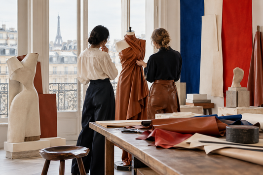 Two anonymous designers refine a sculptural leather garment in a bright Paris atelier