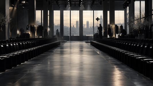 Empty London runway venue prepared before guests arrive for fashion week