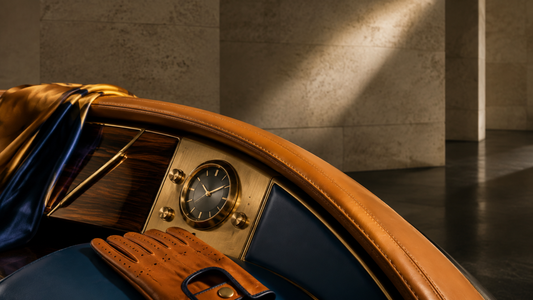 Original editorial still life of tan leather, a dashboard clock, wood and metal evoking luxury automotive craftsmanship