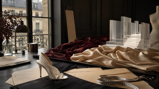 Paris fashion atelier with ivory and burgundy fabrics symbolizing LVMH fashion growth