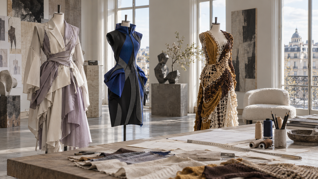 Original Paris atelier scene with three unbranded sculptural garments representing the 2026 LVMH Prize winners