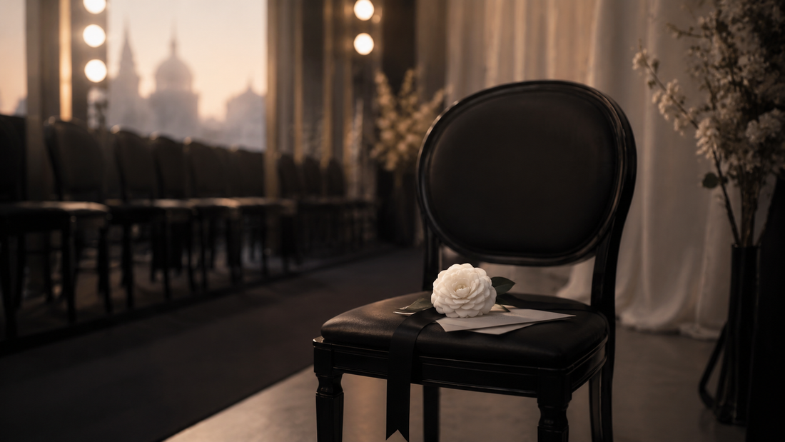 Empty black runway chair with a white flower in a quiet couture setting