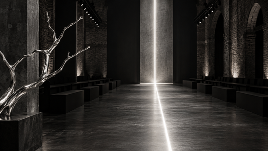 Conceptual editorial graphic of an empty London-inspired runway with a silver sculptural form; not the McQueen show venue