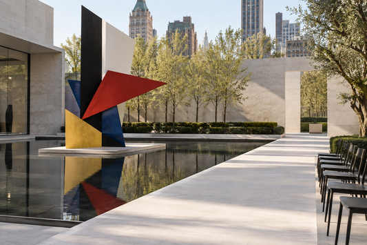 Original editorial image of an abstract modernist sculpture beside an empty New York runway
