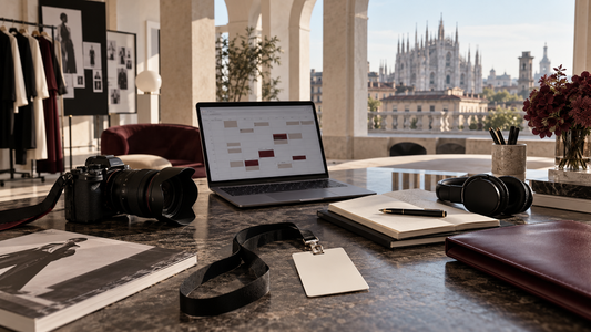 Original Milan press worktable with camera, schedule, notebook and blank accreditation badge overlooking the Duomo