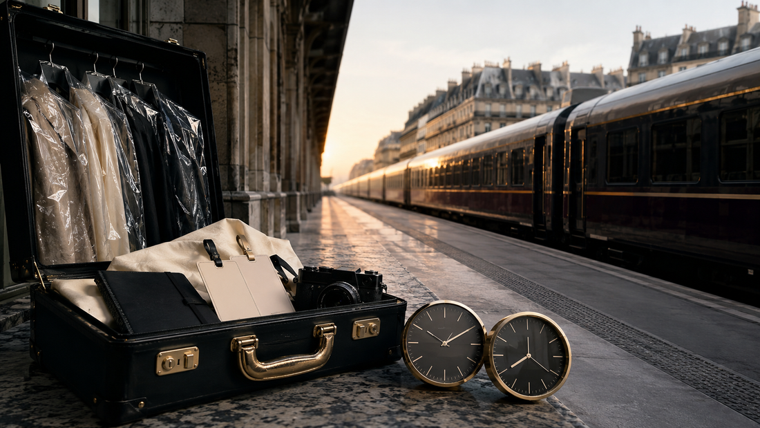 Original editorial image of fashion garments and press equipment beside a European train at dawn