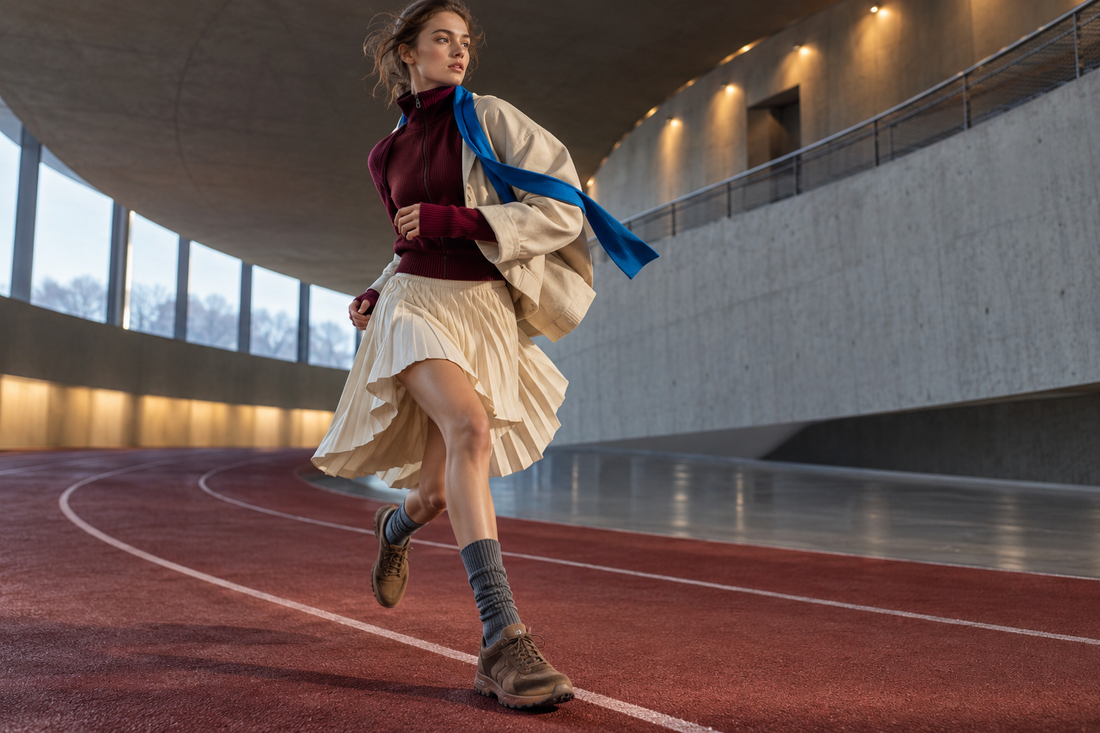 Original editorial image blending technical sportswear and elegant pleating on an indoor track