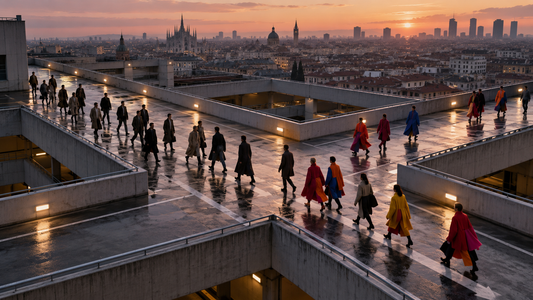 Original conceptual rooftop scene with two flows of people crossing; not a photograph of the Moschino show