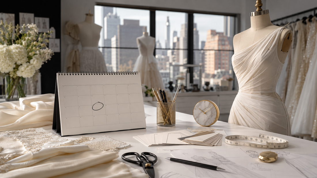 Original editorial image of an ivory bridal fashion studio with a calendar and clock in New York
