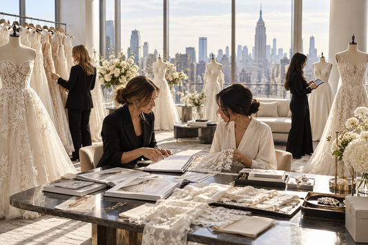 Original editorial image of bridal buyers reviewing collections in a sunlit New York showroom