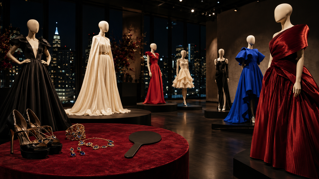 Original couture-inspired costumes displayed in a New York auction gallery