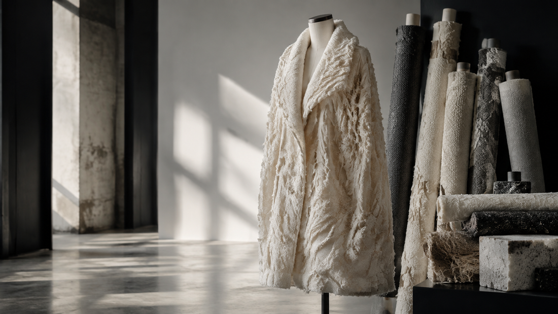 Original monochrome New York fashion studio with an unbranded textured coat form and innovative textile rolls