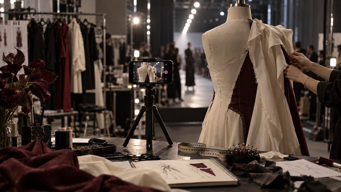 Original backstage fashion studio with a phone recording an unfinished garment during runway preparations