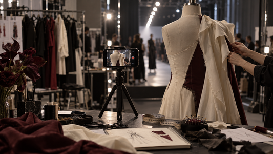 Original backstage fashion studio with a phone recording an unfinished garment during runway preparations