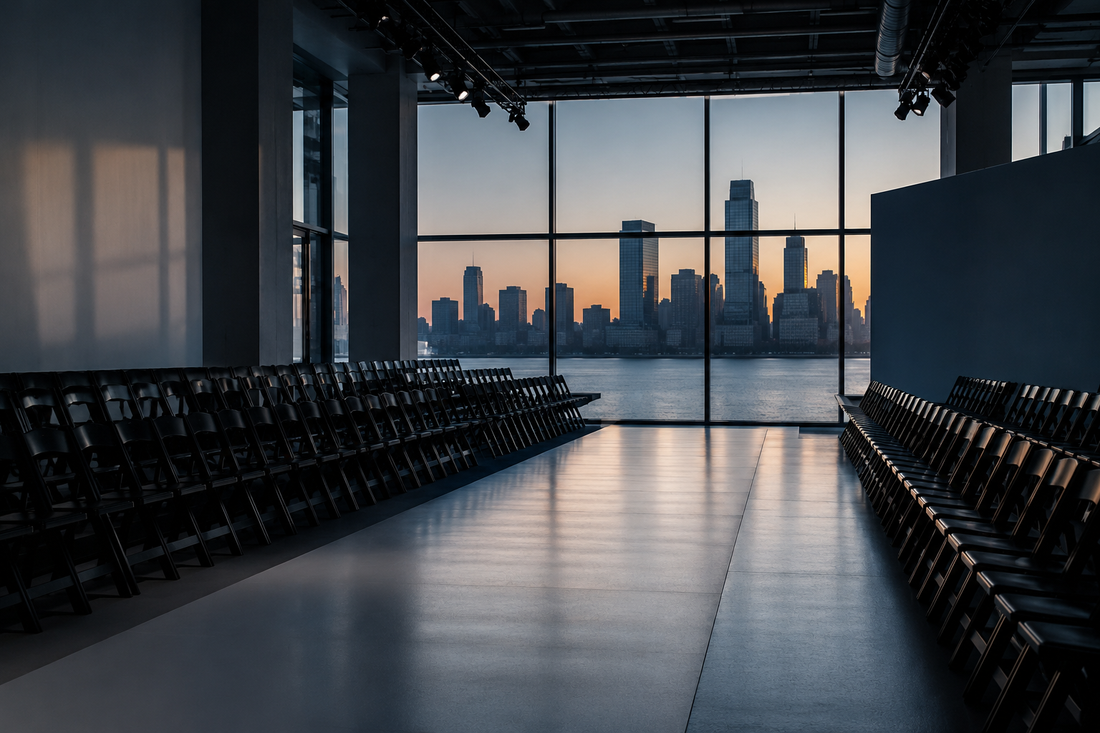 Empty New York fashion runway at dawn before the September 11, 2026 NYFW schedule begins