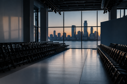 Empty New York fashion runway at dawn before the September 11, 2026 NYFW schedule begins