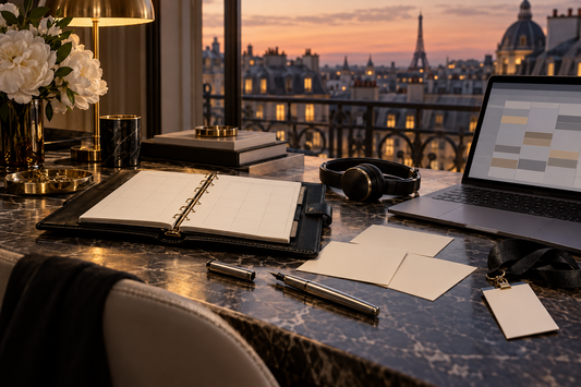 Conceptual Paris editorial planning desk with a blank fashion-week calendar, invitations and a laptop schedule