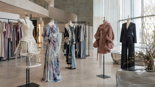 Original editorial image of experimental fashion displayed in a contemporary Paris showroom